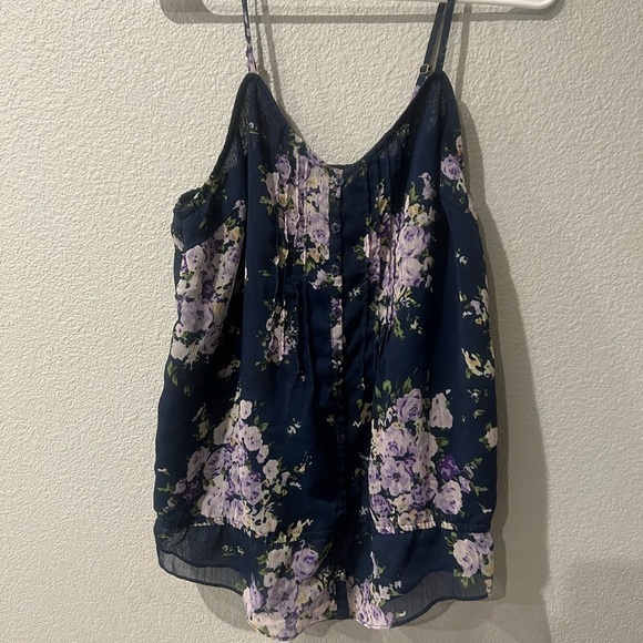 IRIS NAVY BLUE WITH PURPLE FLORAL PRINT CHIFFON TOP - Picture 2 of 6